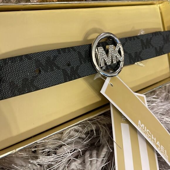 Michael kors mk signature black belt s/m 1”thick leather crystal diamond bling
